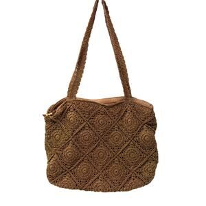 The Sak Crochet Woven Shoulder Bag Brown Purse Handbag Diamond Pattern *FLAW